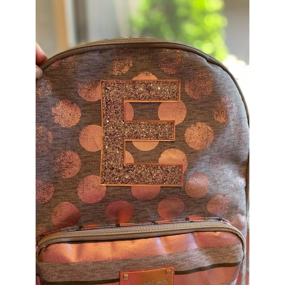 3 Piece Backpack Set: Bag, lunch box & bottle initial“E” Justice full- size